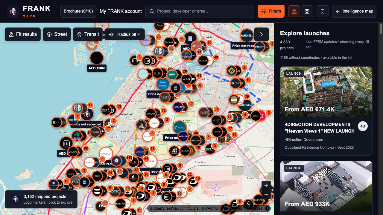 FRANK Maps displaying projects in Dubai